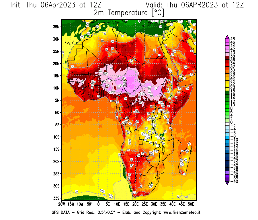 Mappa di analisi GFS - Temperatura a 2 metri dal suolo [°C] in Africa
							del 06/04/2023 12 <!--googleoff: index-->UTC<!--googleon: index-->