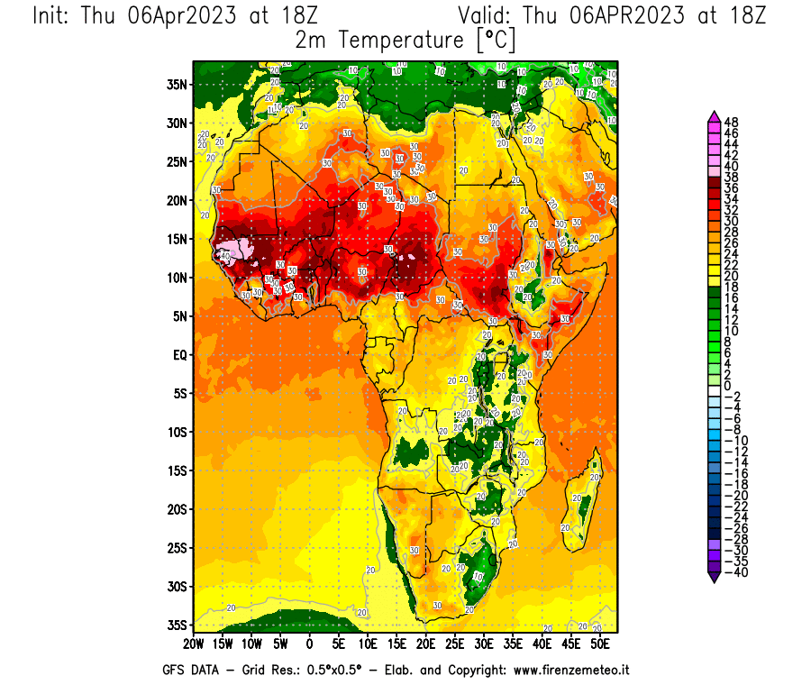 Mappa di analisi GFS - Temperatura a 2 metri dal suolo [°C] in Africa
							del 06/04/2023 18 <!--googleoff: index-->UTC<!--googleon: index-->