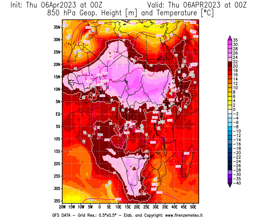 Mappa di analisi GFS - Geopotenziale [m] e Temperatura [°C] a 850 hPa in Africa
							del 06/04/2023 00 <!--googleoff: index-->UTC<!--googleon: index-->