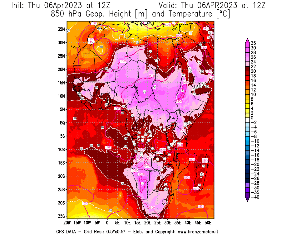 Mappa di analisi GFS - Geopotenziale [m] e Temperatura [°C] a 850 hPa in Africa
							del 06/04/2023 12 <!--googleoff: index-->UTC<!--googleon: index-->