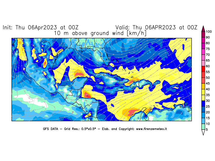 Mappa di analisi GFS - Velocità del vento a 10 metri dal suolo [km/h] in Centro-America
							del 06/04/2023 00 <!--googleoff: index-->UTC<!--googleon: index-->