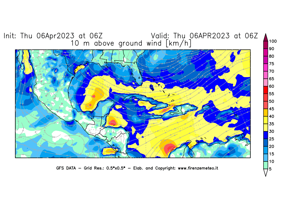 Mappa di analisi GFS - Velocità del vento a 10 metri dal suolo [km/h] in Centro-America
							del 06/04/2023 06 <!--googleoff: index-->UTC<!--googleon: index-->