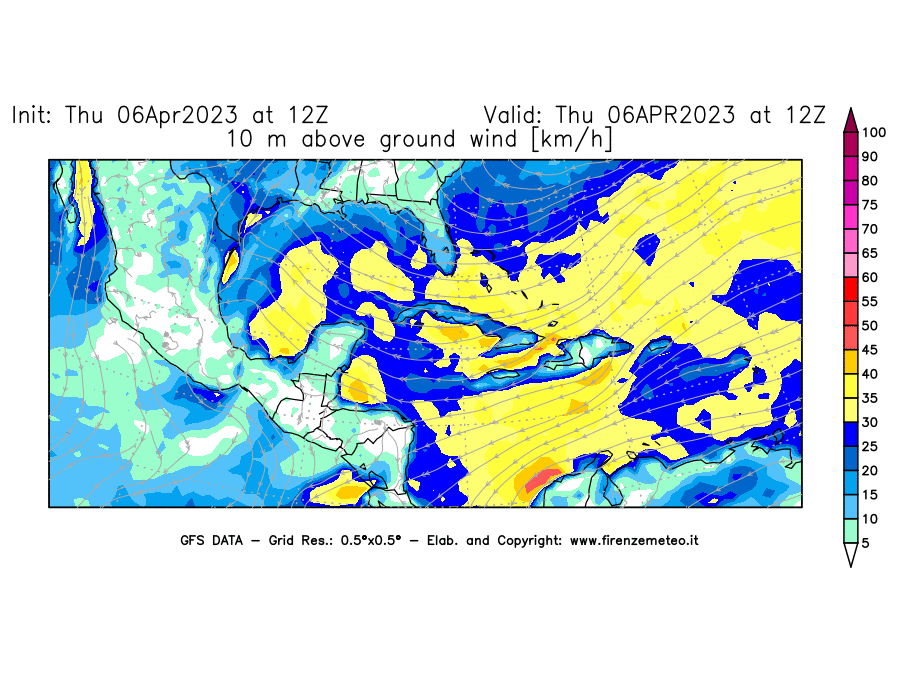 Mappa di analisi GFS - Velocità del vento a 10 metri dal suolo [km/h] in Centro-America
							del 06/04/2023 12 <!--googleoff: index-->UTC<!--googleon: index-->