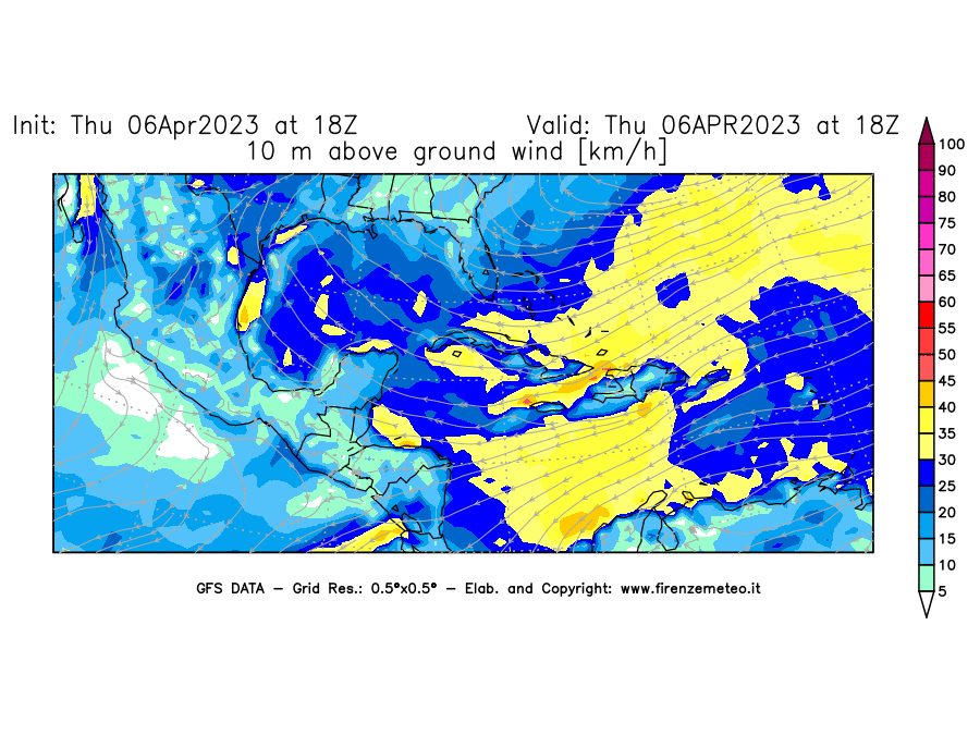 Mappa di analisi GFS - Velocità del vento a 10 metri dal suolo [km/h] in Centro-America
							del 06/04/2023 18 <!--googleoff: index-->UTC<!--googleon: index-->