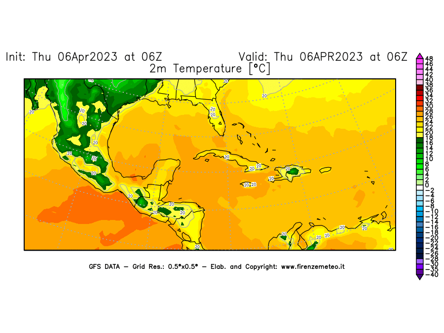 Mappa di analisi GFS - Temperatura a 2 metri dal suolo [°C] in Centro-America
							del 06/04/2023 06 <!--googleoff: index-->UTC<!--googleon: index-->