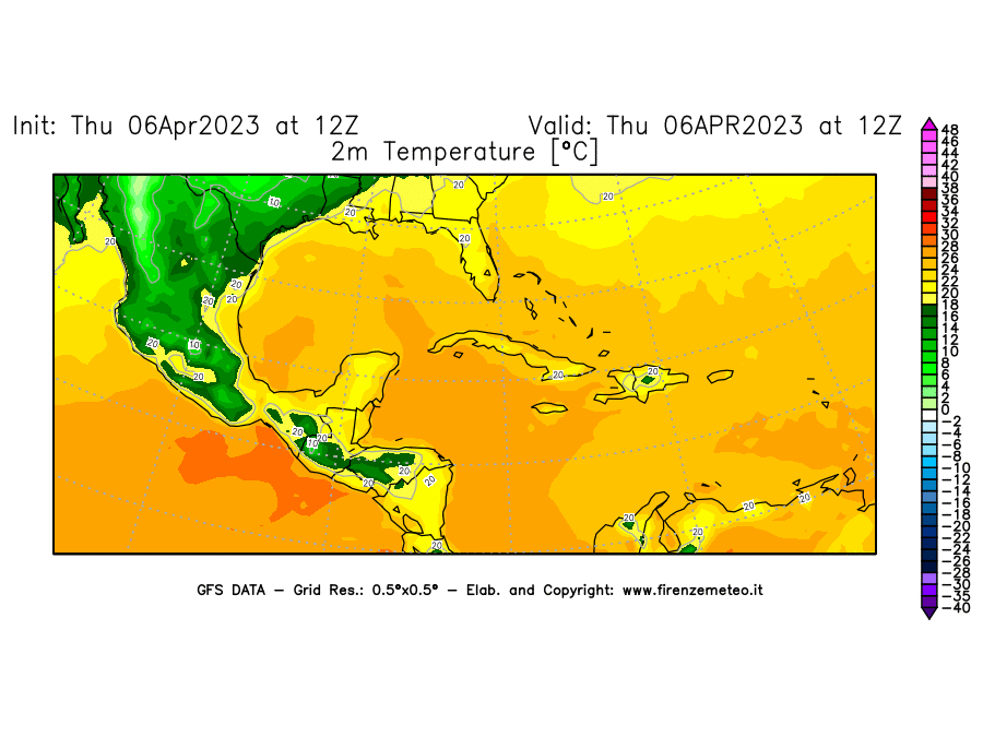 Mappa di analisi GFS - Temperatura a 2 metri dal suolo [°C] in Centro-America
							del 06/04/2023 12 <!--googleoff: index-->UTC<!--googleon: index-->