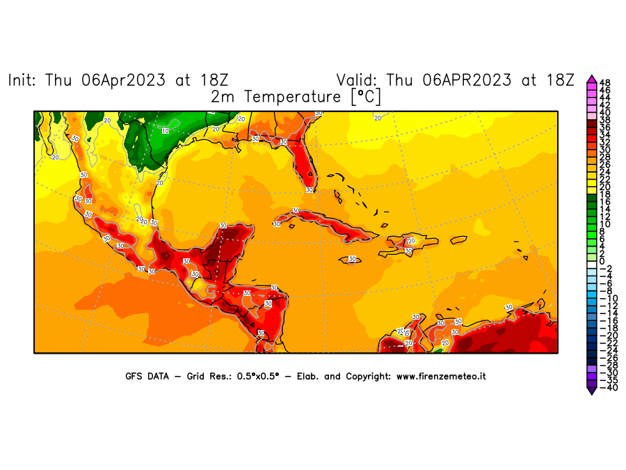 Mappa di analisi GFS - Temperatura a 2 metri dal suolo [°C] in Centro-America
							del 06/04/2023 18 <!--googleoff: index-->UTC<!--googleon: index-->