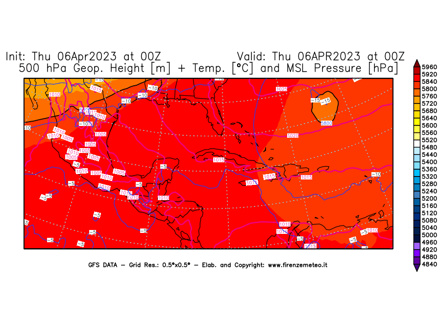 Mappa di analisi GFS - Geopotenziale [m] + Temp. [°C] a 500 hPa + Press. a livello del mare [hPa] in Centro-America
							del 06/04/2023 00 <!--googleoff: index-->UTC<!--googleon: index-->