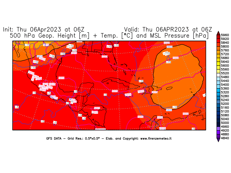 Mappa di analisi GFS - Geopotenziale [m] + Temp. [°C] a 500 hPa + Press. a livello del mare [hPa] in Centro-America
							del 06/04/2023 06 <!--googleoff: index-->UTC<!--googleon: index-->