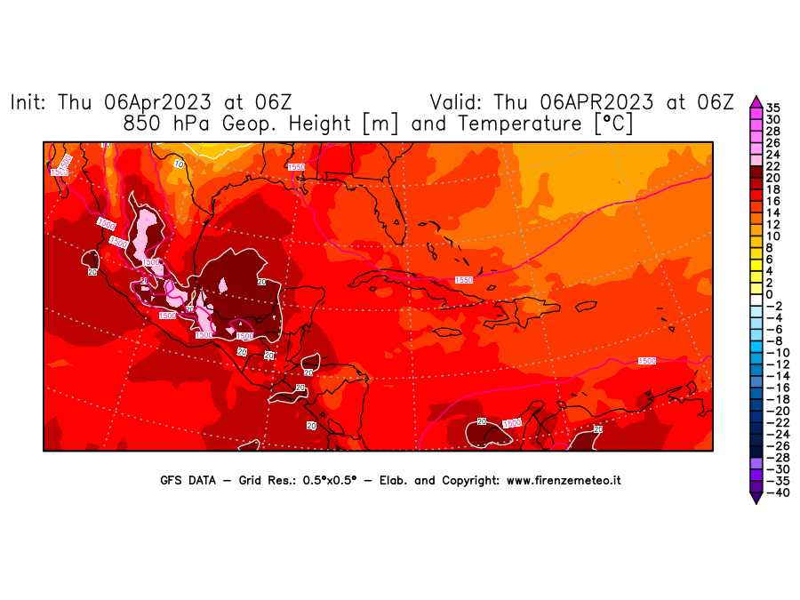 Mappa di analisi GFS - Geopotenziale [m] e Temperatura [°C] a 850 hPa in Centro-America
							del 06/04/2023 06 <!--googleoff: index-->UTC<!--googleon: index-->