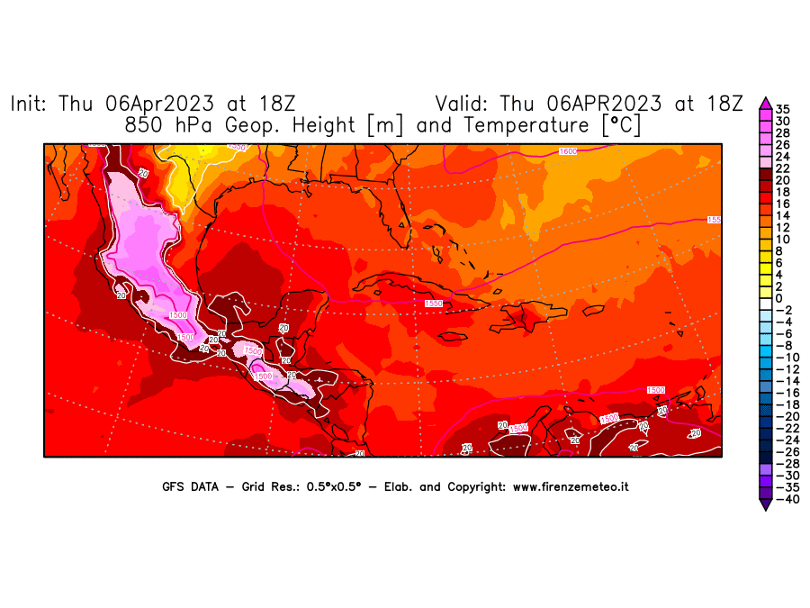 Mappa di analisi GFS - Geopotenziale [m] e Temperatura [°C] a 850 hPa in Centro-America
							del 06/04/2023 18 <!--googleoff: index-->UTC<!--googleon: index-->