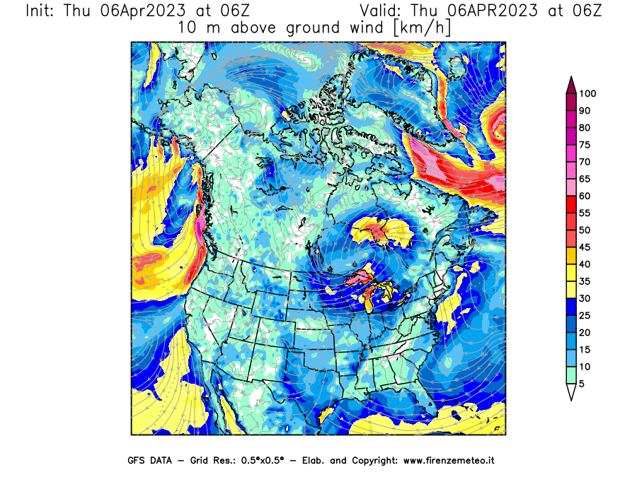 Mappa di analisi GFS - Velocità del vento a 10 metri dal suolo [km/h] in Nord-America
							del 06/04/2023 06 <!--googleoff: index-->UTC<!--googleon: index-->