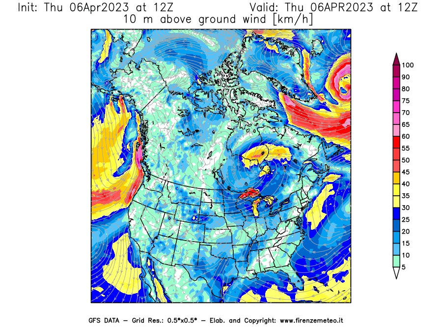 Mappa di analisi GFS - Velocità del vento a 10 metri dal suolo [km/h] in Nord-America
							del 06/04/2023 12 <!--googleoff: index-->UTC<!--googleon: index-->