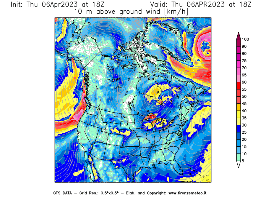 Mappa di analisi GFS - Velocità del vento a 10 metri dal suolo [km/h] in Nord-America
							del 06/04/2023 18 <!--googleoff: index-->UTC<!--googleon: index-->