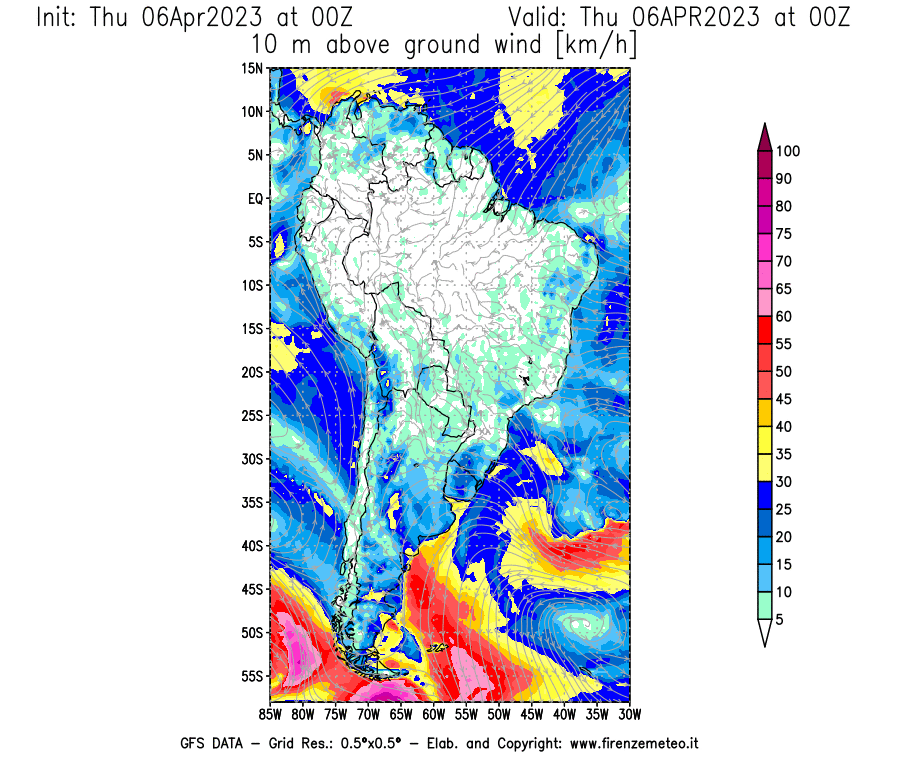 Mappa di analisi GFS - Velocità del vento a 10 metri dal suolo [km/h] in Sud-America
							del 06/04/2023 00 <!--googleoff: index-->UTC<!--googleon: index-->