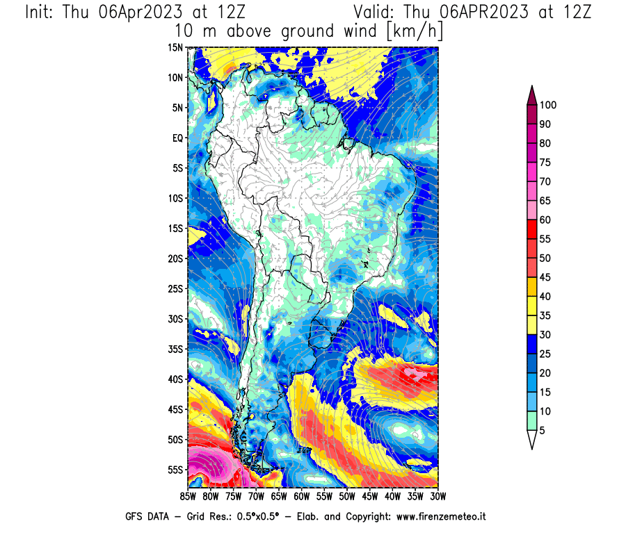 Mappa di analisi GFS - Velocità del vento a 10 metri dal suolo [km/h] in Sud-America
							del 06/04/2023 12 <!--googleoff: index-->UTC<!--googleon: index-->