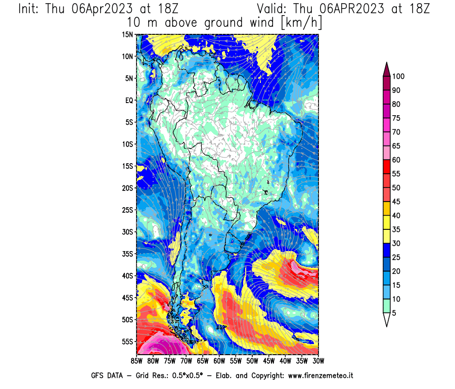 Mappa di analisi GFS - Velocità del vento a 10 metri dal suolo [km/h] in Sud-America
							del 06/04/2023 18 <!--googleoff: index-->UTC<!--googleon: index-->
