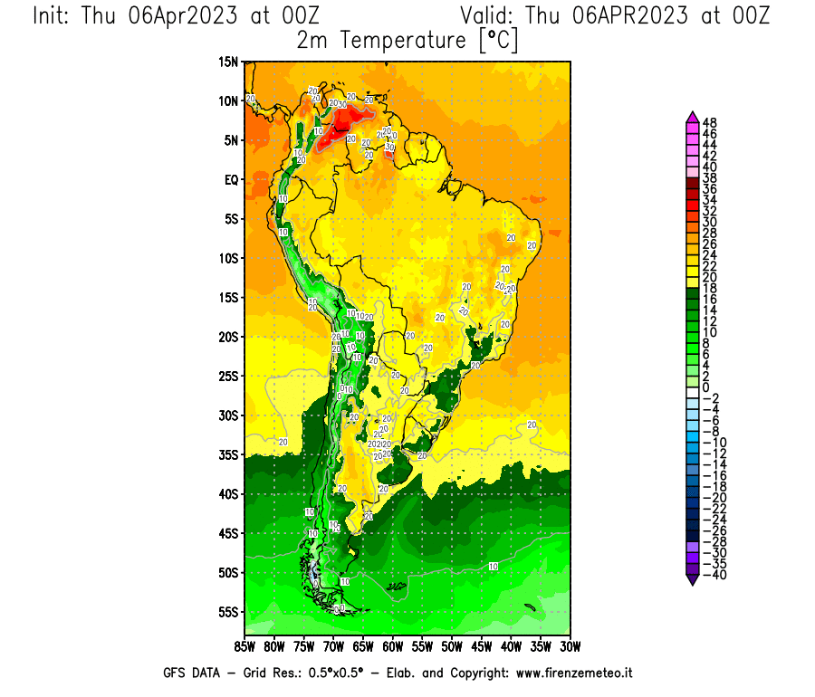 Mappa di analisi GFS - Temperatura a 2 metri dal suolo [°C] in Sud-America
							del 06/04/2023 00 <!--googleoff: index-->UTC<!--googleon: index-->
