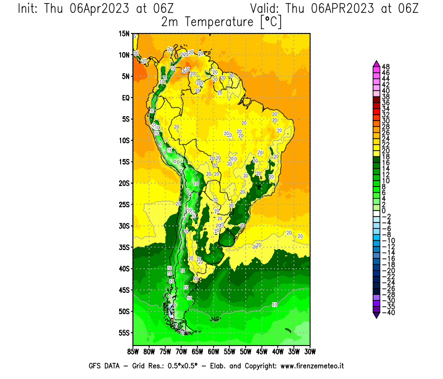 Mappa di analisi GFS - Temperatura a 2 metri dal suolo [°C] in Sud-America
							del 06/04/2023 06 <!--googleoff: index-->UTC<!--googleon: index-->