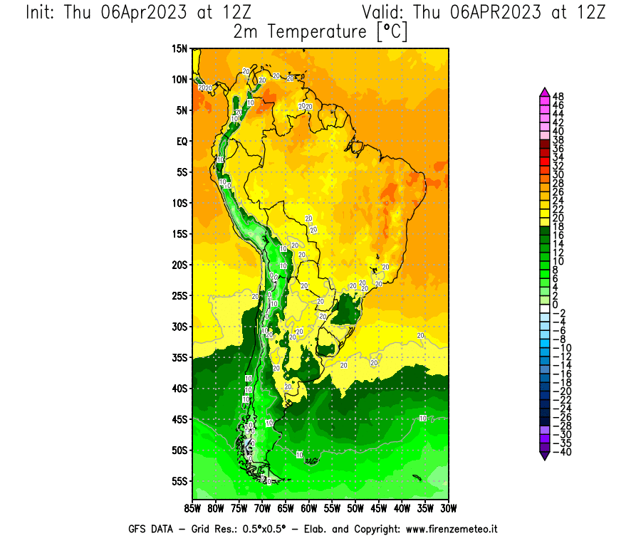 Mappa di analisi GFS - Temperatura a 2 metri dal suolo [°C] in Sud-America
							del 06/04/2023 12 <!--googleoff: index-->UTC<!--googleon: index-->