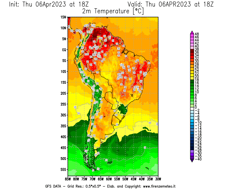 Mappa di analisi GFS - Temperatura a 2 metri dal suolo [°C] in Sud-America
							del 06/04/2023 18 <!--googleoff: index-->UTC<!--googleon: index-->