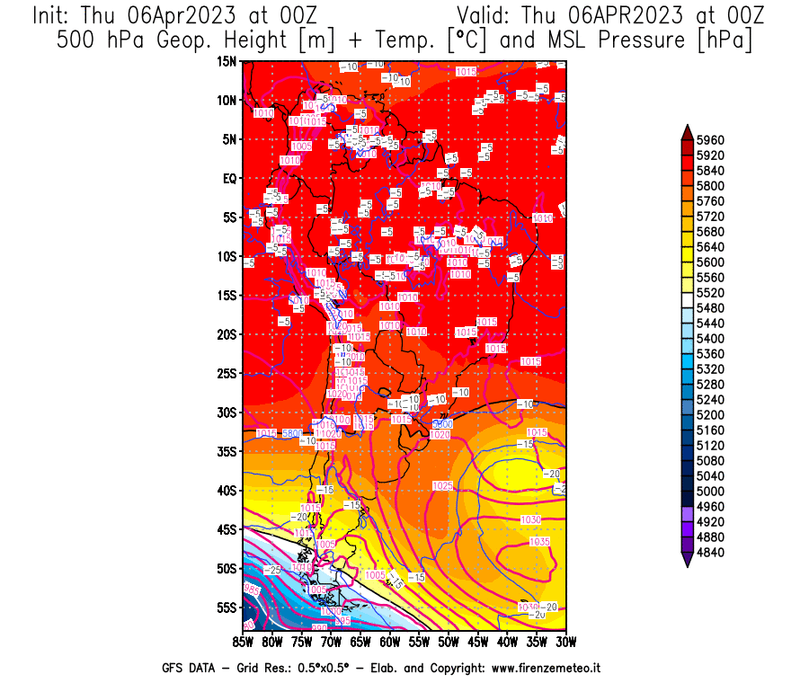 Mappa di analisi GFS - Geopotenziale [m] + Temp. [°C] a 500 hPa + Press. a livello del mare [hPa] in Sud-America
							del 06/04/2023 00 <!--googleoff: index-->UTC<!--googleon: index-->