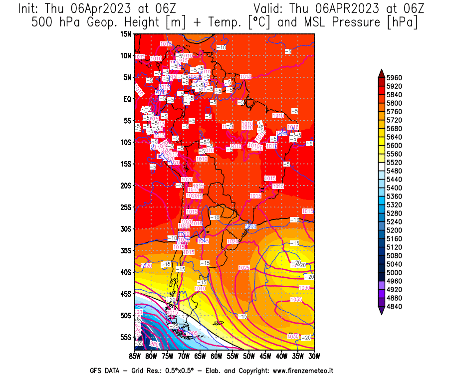 Mappa di analisi GFS - Geopotenziale [m] + Temp. [°C] a 500 hPa + Press. a livello del mare [hPa] in Sud-America
							del 06/04/2023 06 <!--googleoff: index-->UTC<!--googleon: index-->