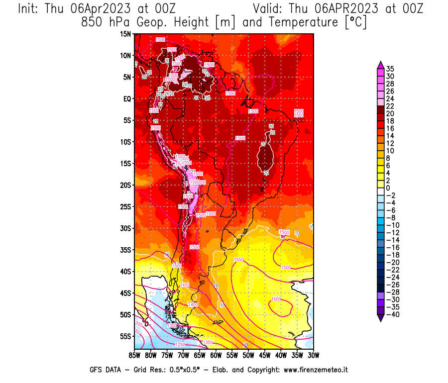 Mappa di analisi GFS - Geopotenziale [m] e Temperatura [°C] a 850 hPa in Sud-America
							del 06/04/2023 00 <!--googleoff: index-->UTC<!--googleon: index-->