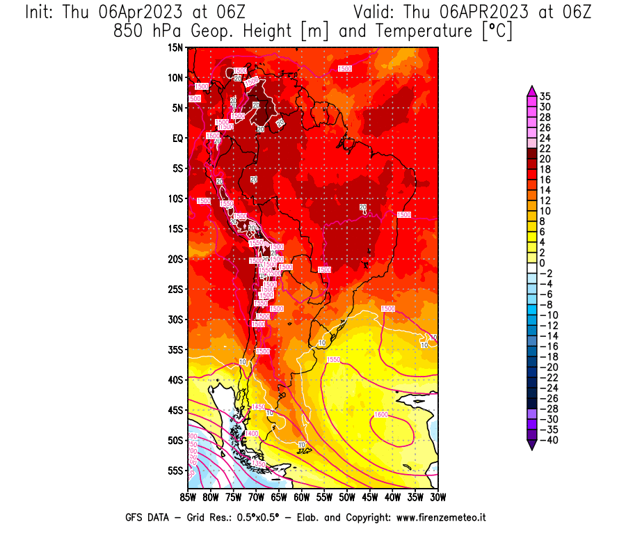 Mappa di analisi GFS - Geopotenziale [m] e Temperatura [°C] a 850 hPa in Sud-America
							del 06/04/2023 06 <!--googleoff: index-->UTC<!--googleon: index-->