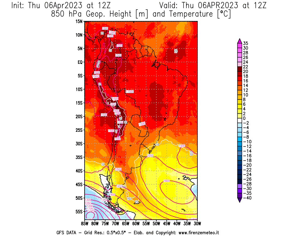 Mappa di analisi GFS - Geopotenziale [m] e Temperatura [°C] a 850 hPa in Sud-America
							del 06/04/2023 12 <!--googleoff: index-->UTC<!--googleon: index-->