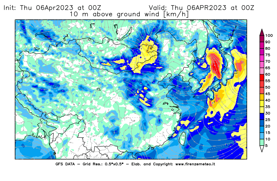 Mappa di analisi GFS - Velocità del vento a 10 metri dal suolo [km/h] in Asia Orientale
							del 06/04/2023 00 <!--googleoff: index-->UTC<!--googleon: index-->