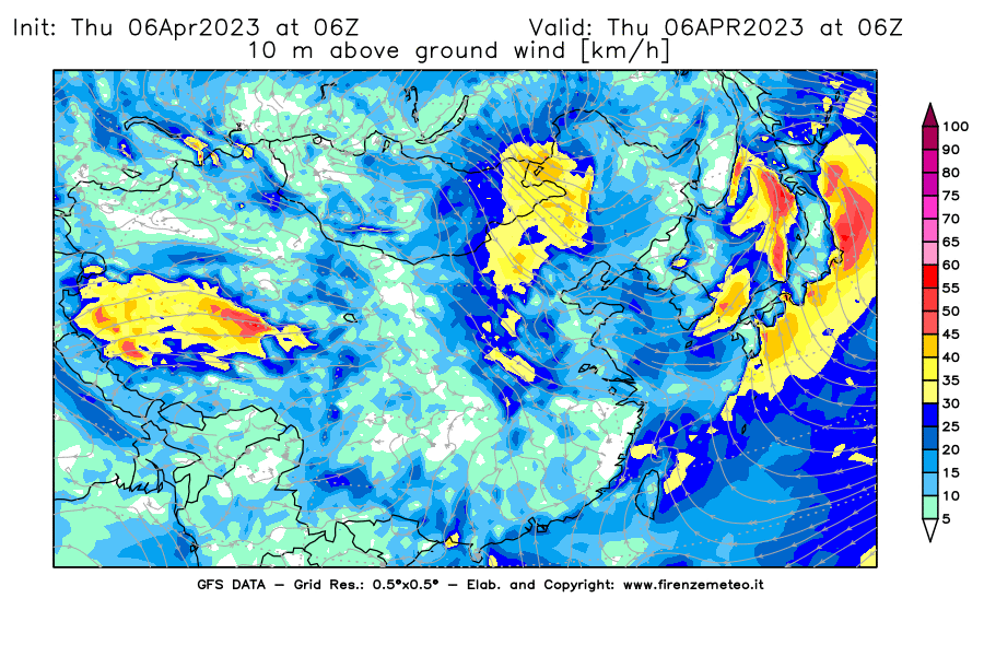 Mappa di analisi GFS - Velocità del vento a 10 metri dal suolo [km/h] in Asia Orientale
							del 06/04/2023 06 <!--googleoff: index-->UTC<!--googleon: index-->