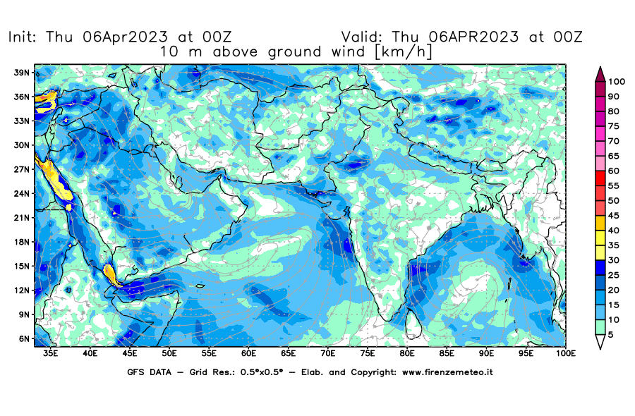 Mappa di analisi GFS - Velocità del vento a 10 metri dal suolo [km/h] in Asia Sud-Occidentale
							del 06/04/2023 00 <!--googleoff: index-->UTC<!--googleon: index-->