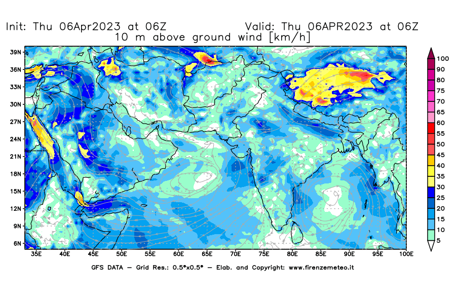 Mappa di analisi GFS - Velocità del vento a 10 metri dal suolo [km/h] in Asia Sud-Occidentale
							del 06/04/2023 06 <!--googleoff: index-->UTC<!--googleon: index-->