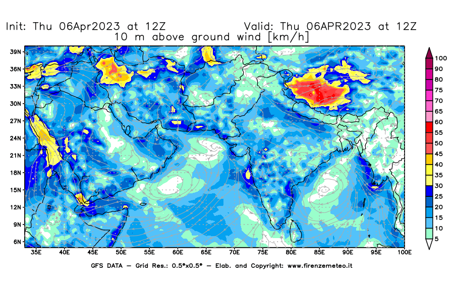 Mappa di analisi GFS - Velocità del vento a 10 metri dal suolo [km/h] in Asia Sud-Occidentale
							del 06/04/2023 12 <!--googleoff: index-->UTC<!--googleon: index-->