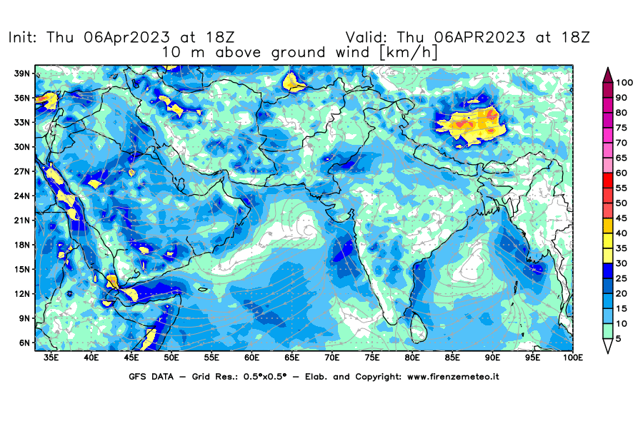 Mappa di analisi GFS - Velocità del vento a 10 metri dal suolo [km/h] in Asia Sud-Occidentale
							del 06/04/2023 18 <!--googleoff: index-->UTC<!--googleon: index-->