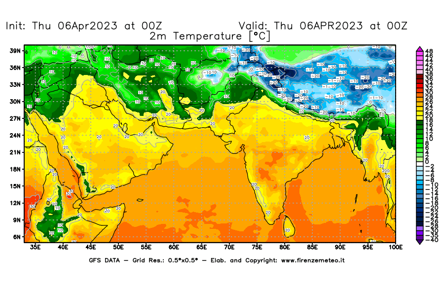 Mappa di analisi GFS - Temperatura a 2 metri dal suolo [°C] in Asia Sud-Occidentale
							del 06/04/2023 00 <!--googleoff: index-->UTC<!--googleon: index-->