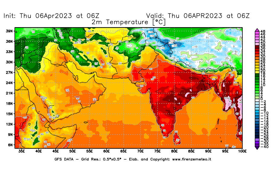 Mappa di analisi GFS - Temperatura a 2 metri dal suolo [°C] in Asia Sud-Occidentale
							del 06/04/2023 06 <!--googleoff: index-->UTC<!--googleon: index-->