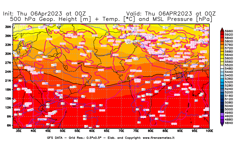Mappa di analisi GFS - Geopotenziale [m] + Temp. [°C] a 500 hPa + Press. a livello del mare [hPa] in Asia Sud-Occidentale
							del 06/04/2023 00 <!--googleoff: index-->UTC<!--googleon: index-->