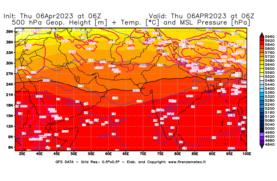 Mappa di analisi GFS - Geopotenziale [m] + Temp. [°C] a 500 hPa + Press. a livello del mare [hPa] in Asia Sud-Occidentale
							del 06/04/2023 06 <!--googleoff: index-->UTC<!--googleon: index-->