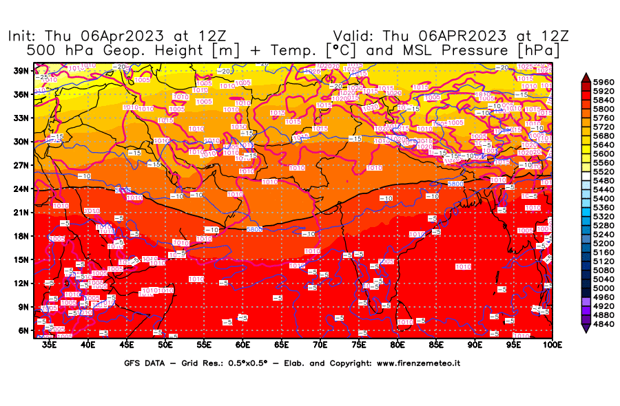 Mappa di analisi GFS - Geopotenziale [m] + Temp. [°C] a 500 hPa + Press. a livello del mare [hPa] in Asia Sud-Occidentale
							del 06/04/2023 12 <!--googleoff: index-->UTC<!--googleon: index-->