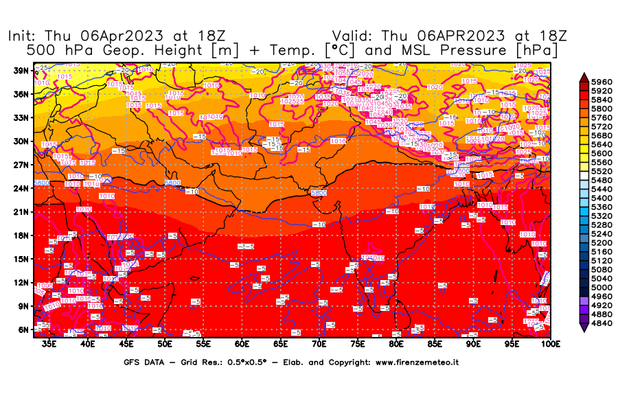 Mappa di analisi GFS - Geopotenziale [m] + Temp. [°C] a 500 hPa + Press. a livello del mare [hPa] in Asia Sud-Occidentale
							del 06/04/2023 18 <!--googleoff: index-->UTC<!--googleon: index-->