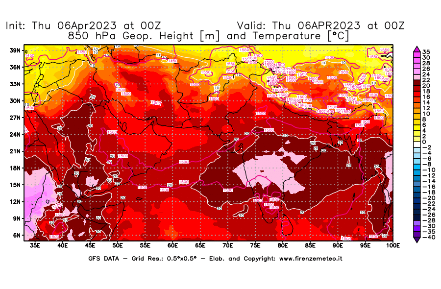 Mappa di analisi GFS - Geopotenziale [m] e Temperatura [°C] a 850 hPa in Asia Sud-Occidentale
							del 06/04/2023 00 <!--googleoff: index-->UTC<!--googleon: index-->