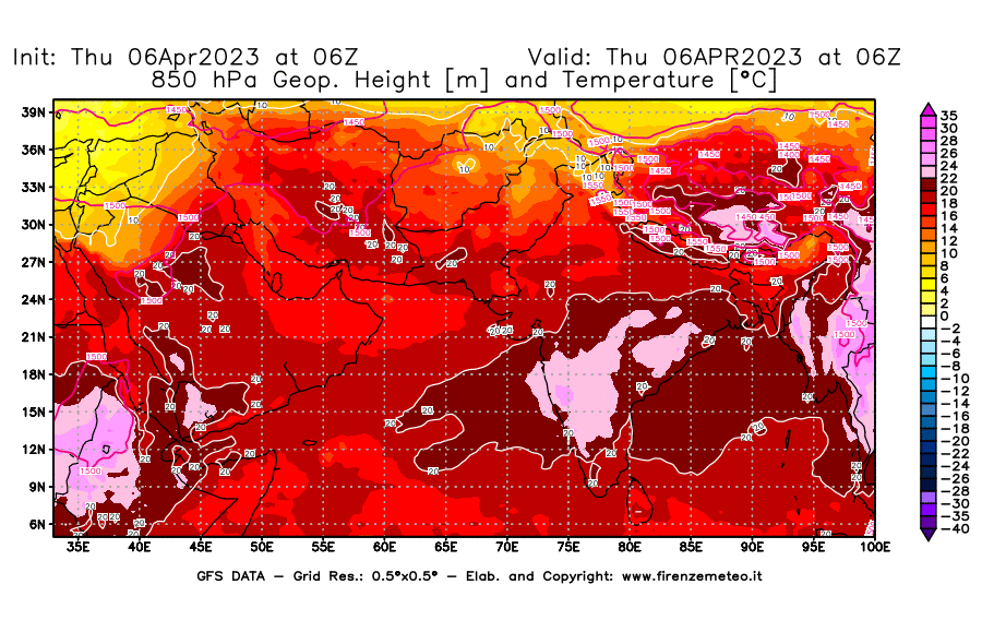 Mappa di analisi GFS - Geopotenziale [m] e Temperatura [°C] a 850 hPa in Asia Sud-Occidentale
							del 06/04/2023 06 <!--googleoff: index-->UTC<!--googleon: index-->