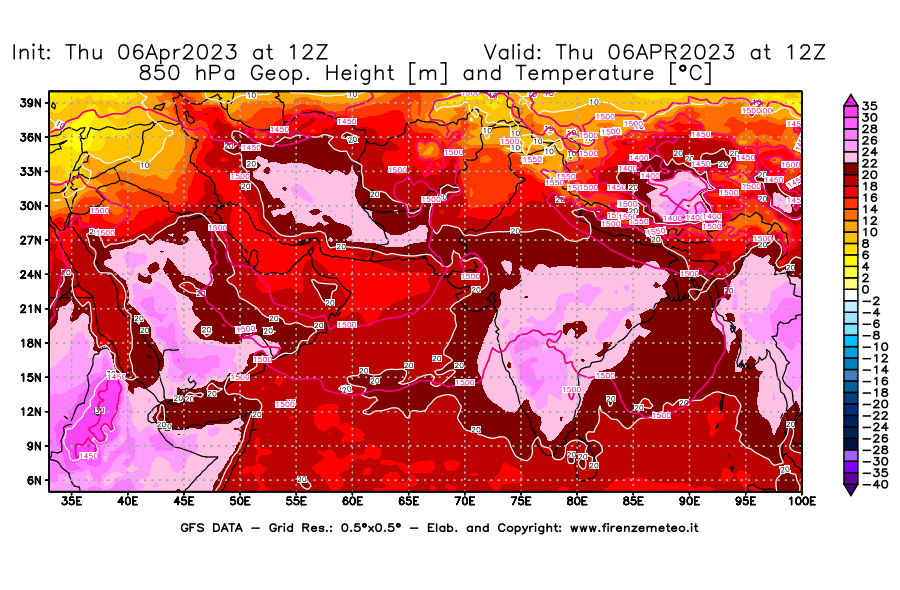 Mappa di analisi GFS - Geopotenziale [m] e Temperatura [°C] a 850 hPa in Asia Sud-Occidentale
							del 06/04/2023 12 <!--googleoff: index-->UTC<!--googleon: index-->