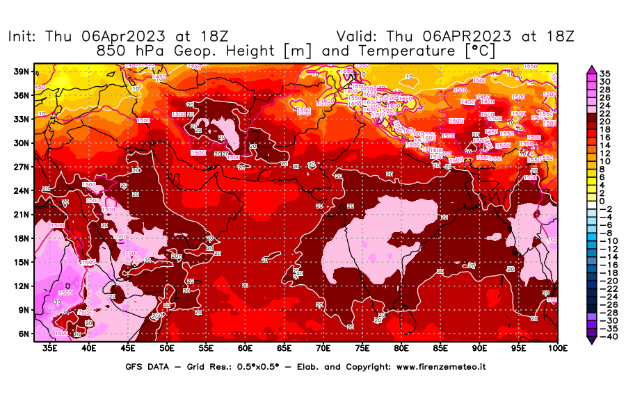 Mappa di analisi GFS - Geopotenziale [m] e Temperatura [°C] a 850 hPa in Asia Sud-Occidentale
							del 06/04/2023 18 <!--googleoff: index-->UTC<!--googleon: index-->