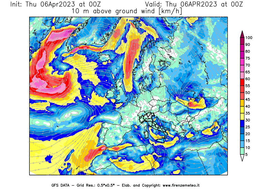 Mappa di analisi GFS - Velocità del vento a 10 metri dal suolo [km/h] in Europa
							del 06/04/2023 00 <!--googleoff: index-->UTC<!--googleon: index-->