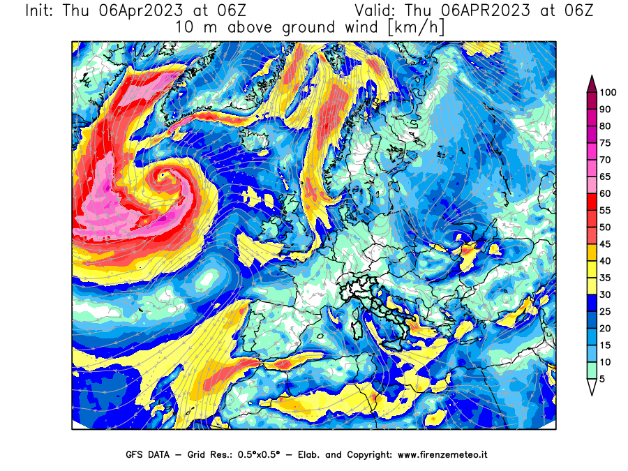 Mappa di analisi GFS - Velocità del vento a 10 metri dal suolo [km/h] in Europa
							del 06/04/2023 06 <!--googleoff: index-->UTC<!--googleon: index-->