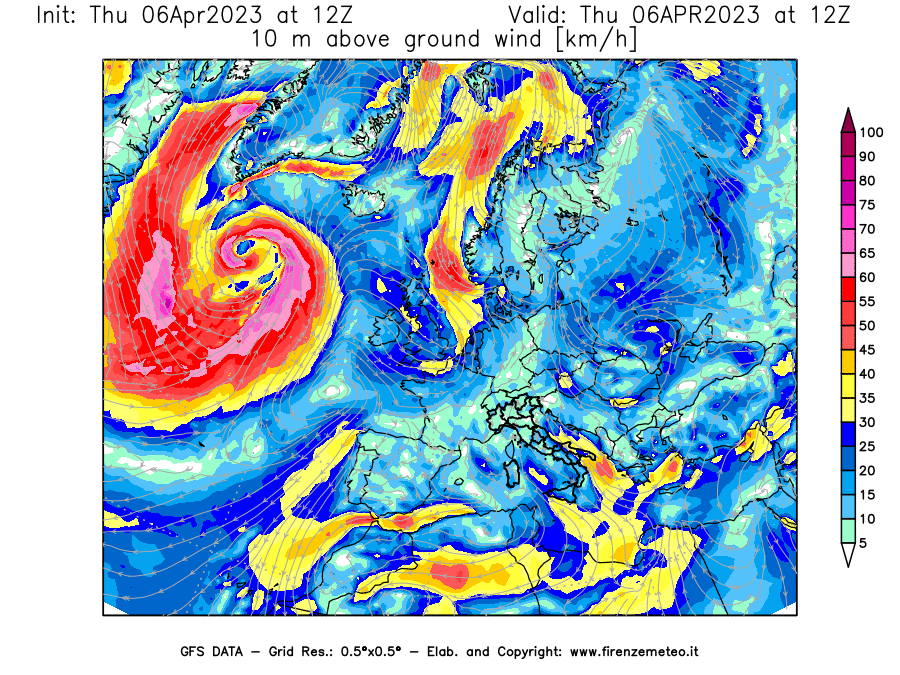 Mappa di analisi GFS - Velocità del vento a 10 metri dal suolo [km/h] in Europa
							del 06/04/2023 12 <!--googleoff: index-->UTC<!--googleon: index-->