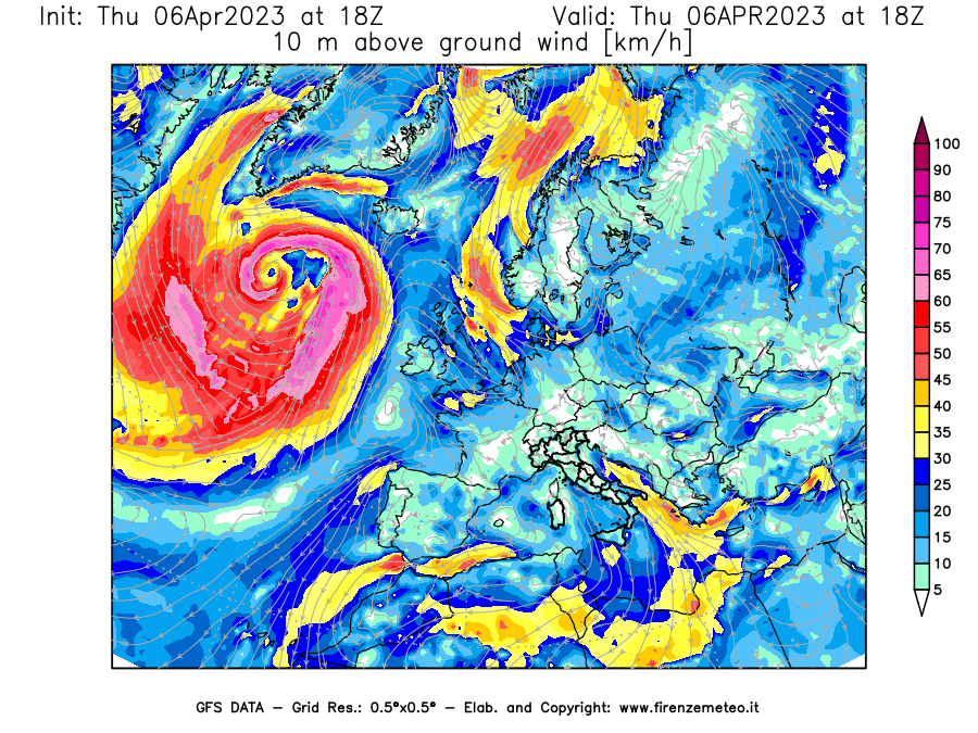 Mappa di analisi GFS - Velocità del vento a 10 metri dal suolo [km/h] in Europa
							del 06/04/2023 18 <!--googleoff: index-->UTC<!--googleon: index-->
